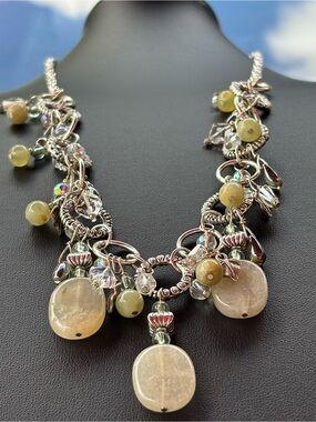Artisan SilverTone Charm Necklace AB Beads Crystal Dangles Stones Boho Statement